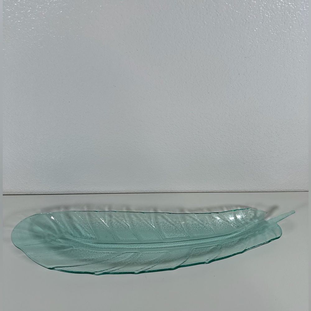 Large Glass Serving Platter Decoration Palm Banana Leaf Green Coating Deco Art